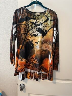ONE WORLD Halloween Pumpkin Cat Long Sleeve Top - Orange/Black